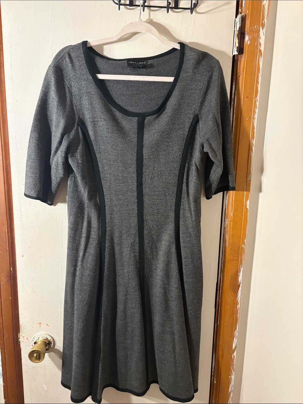 *3 for $25* Connected Apparel Grey Knit Fit-and-Flare Dress with Black Trim